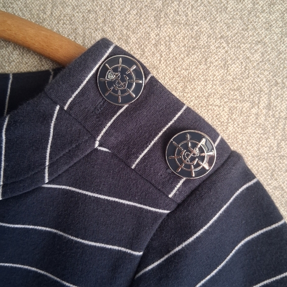 Nautica Navy Blue & White Striped Dress Nautical Button Detail Size Med Sailor - Picture 3 of 5